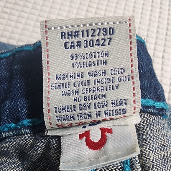 True Religion low rise boot cut jeans with turquoise stitching, distressed style - Picture 6 of 6